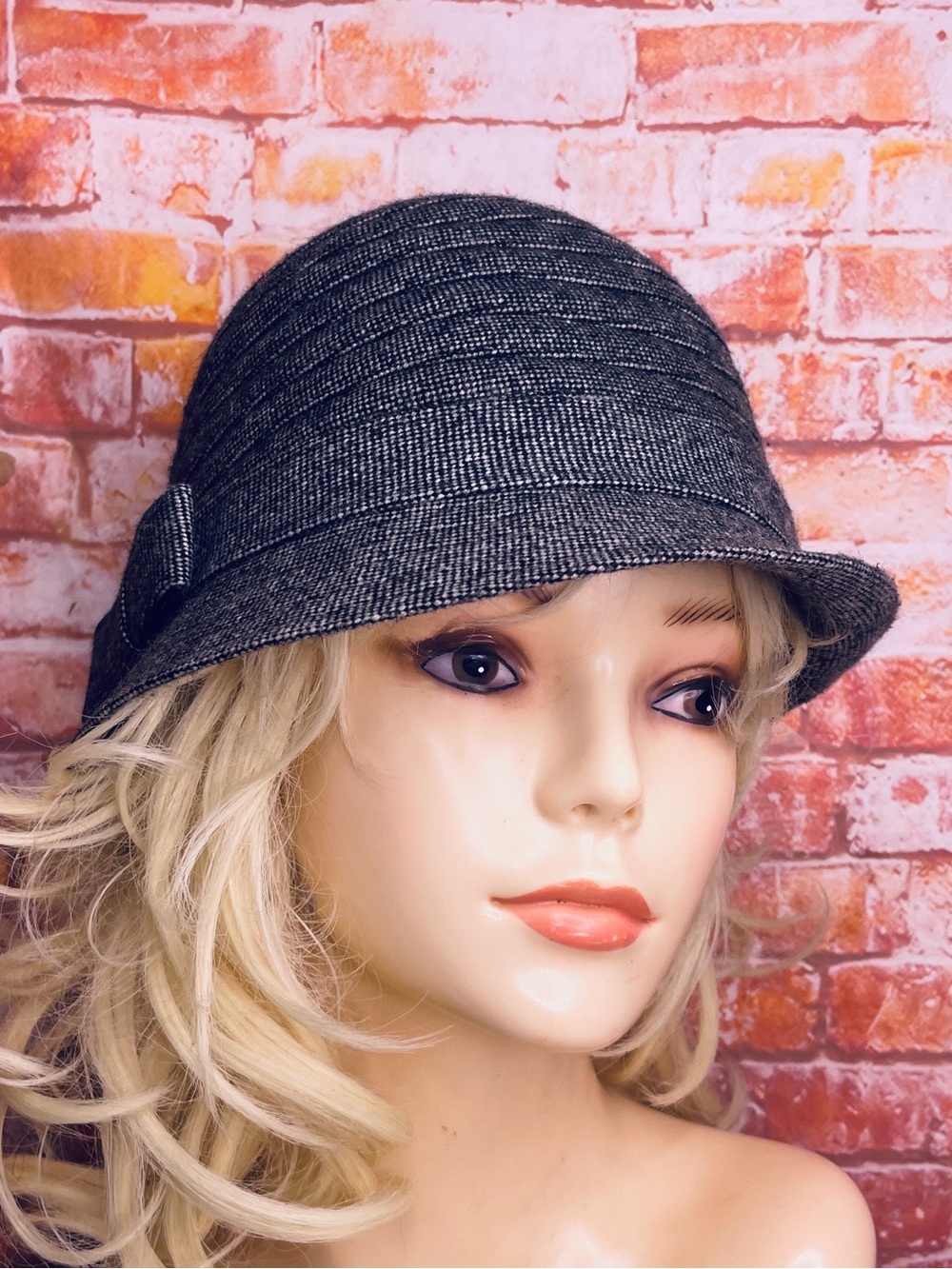 Nine West Gray Woven Bow Accent Retro Wool Blend Clohe Hat